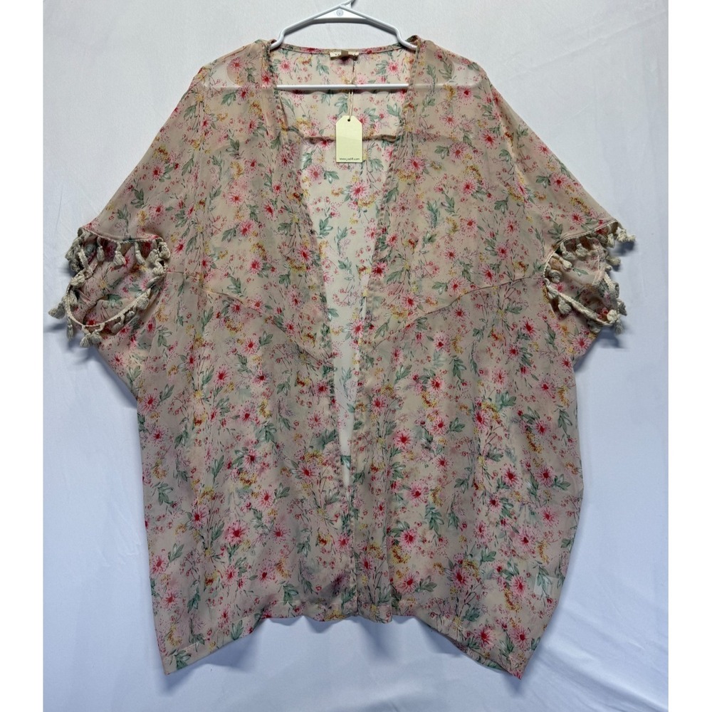 Jodifl Kimono Blouse Top Womens S Beige Floral Print Tassel Pom Pom Open Front